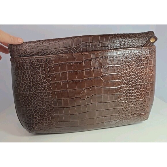 Eric Javits Laptop Tote Brown Croc Embossed Leather Gold Hardware Suede Interior - Picture 4 of 11